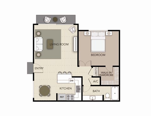Floor plan for 1 bed, 1 bath, 712 sqft